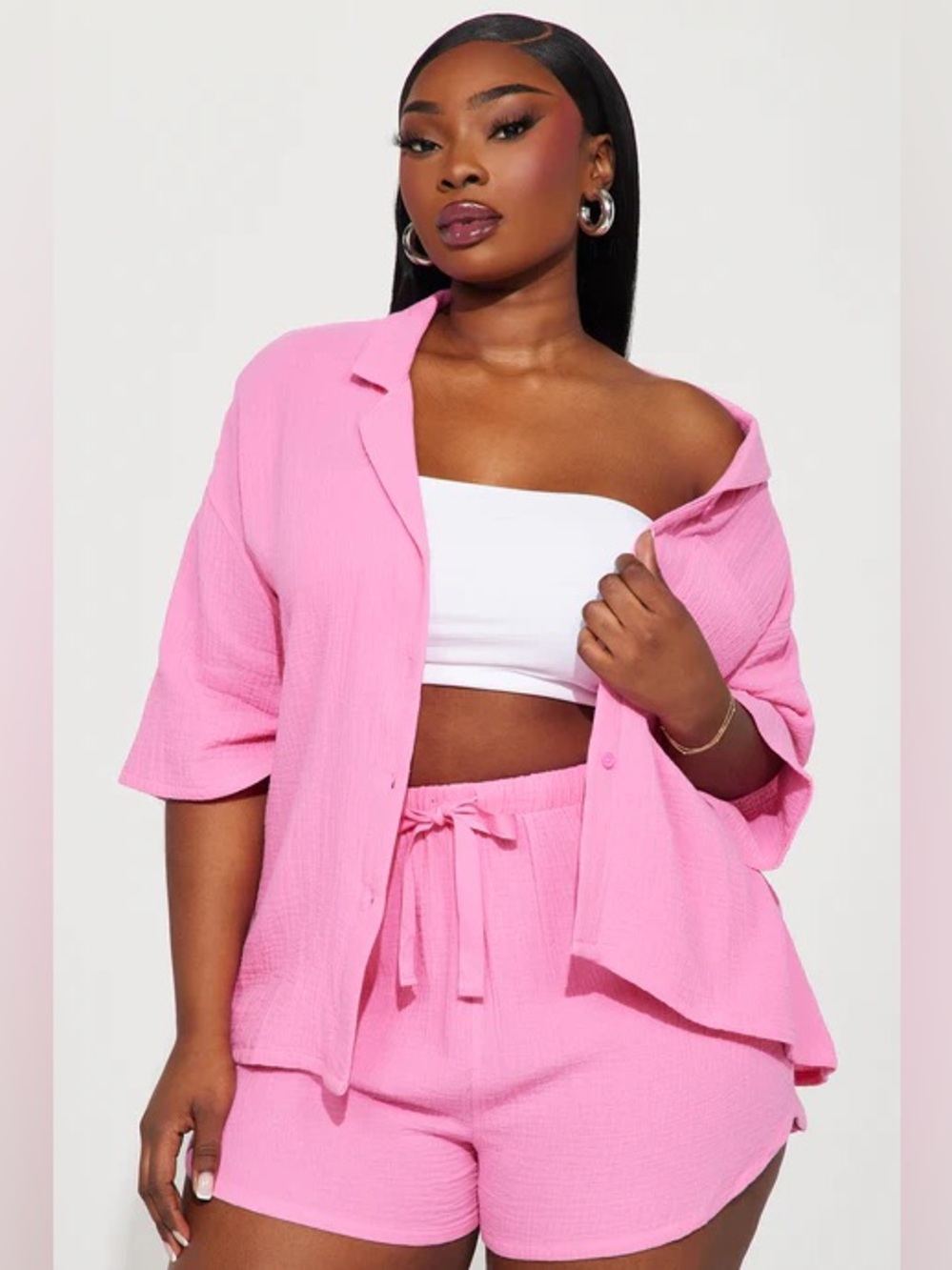Women's Pink Two-Piece Short Set - Relaxed Button-Up & Elastic Waist Shorts - Picture 4 of 4